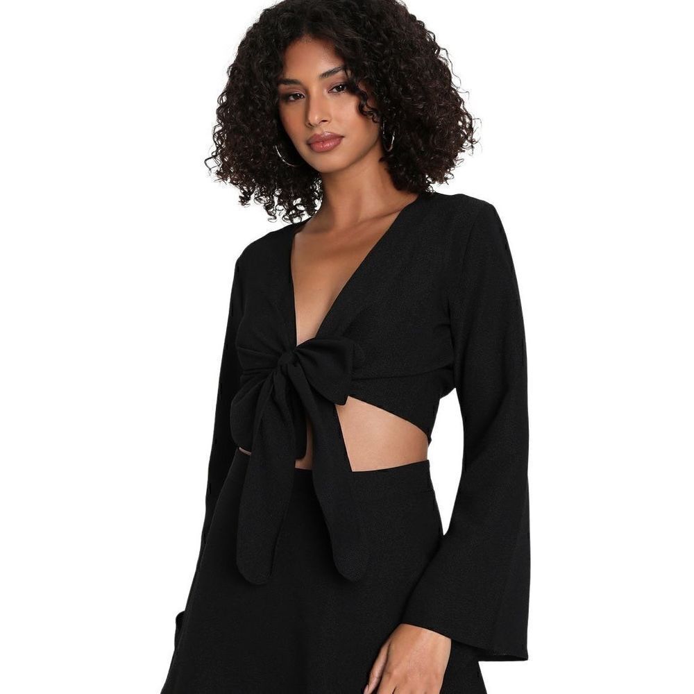 Tie-Front Long Sleeve Wrap Crop Top and Skort Set Medium